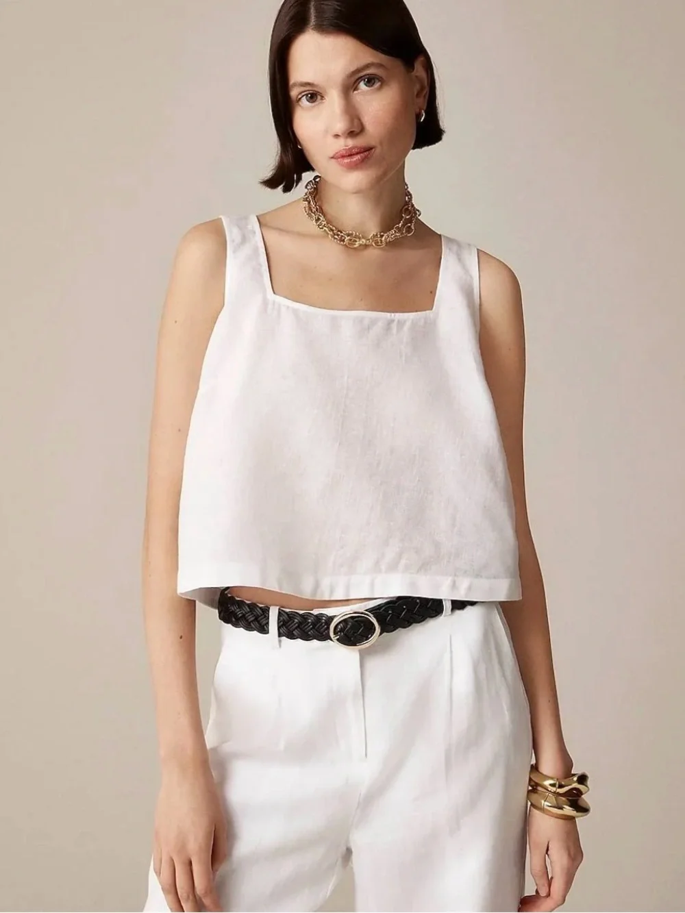 J. Crew White Square-Neck Linen Crop Tank